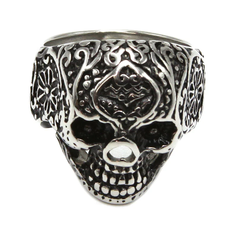 Anillo de Acero Plateado Calavera Catrina Mexicana