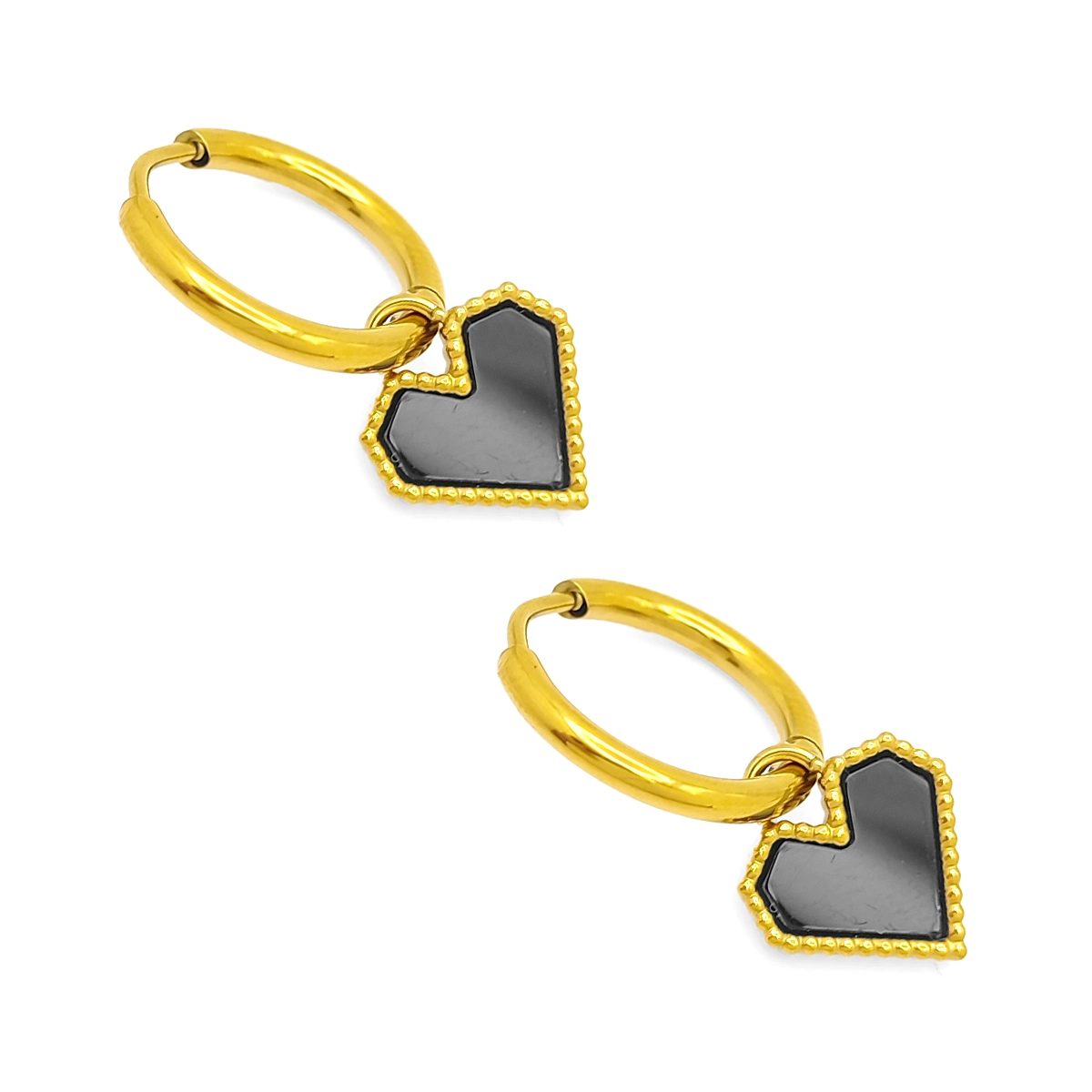 Aretes Acero Inox Dorado Huggies Colgante Corazon Negro