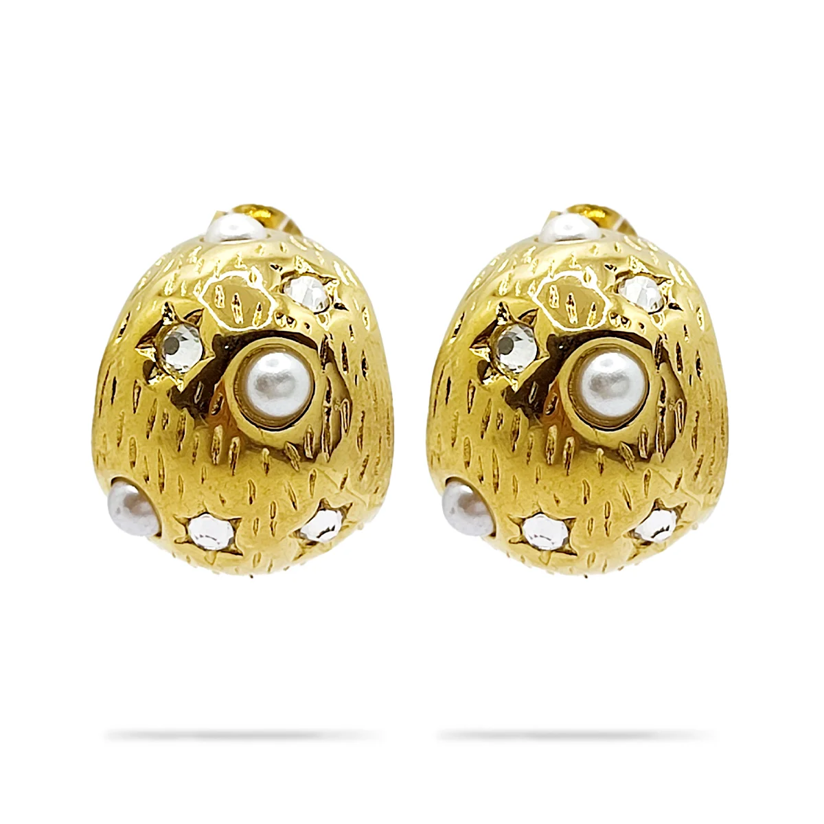 Aretes Acero Dorado Media Arracada Chunky Perla y Cristal