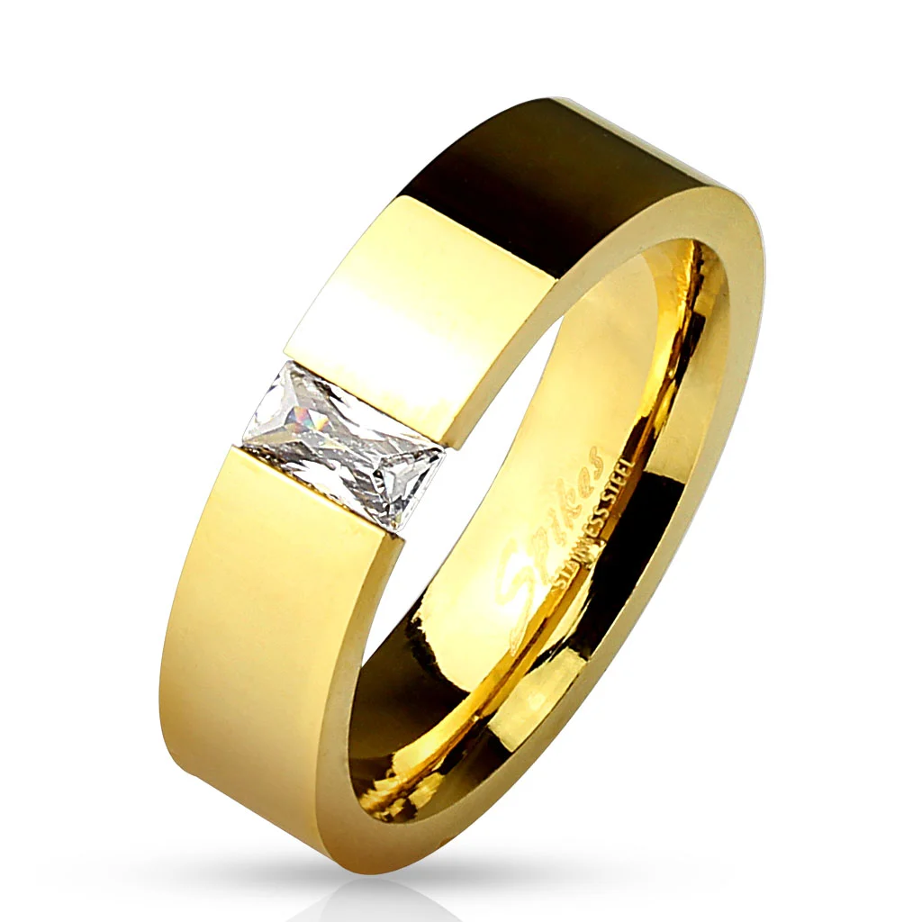 Anillo Acero Inoxidable Diseño Zirconia Dorado Prensada