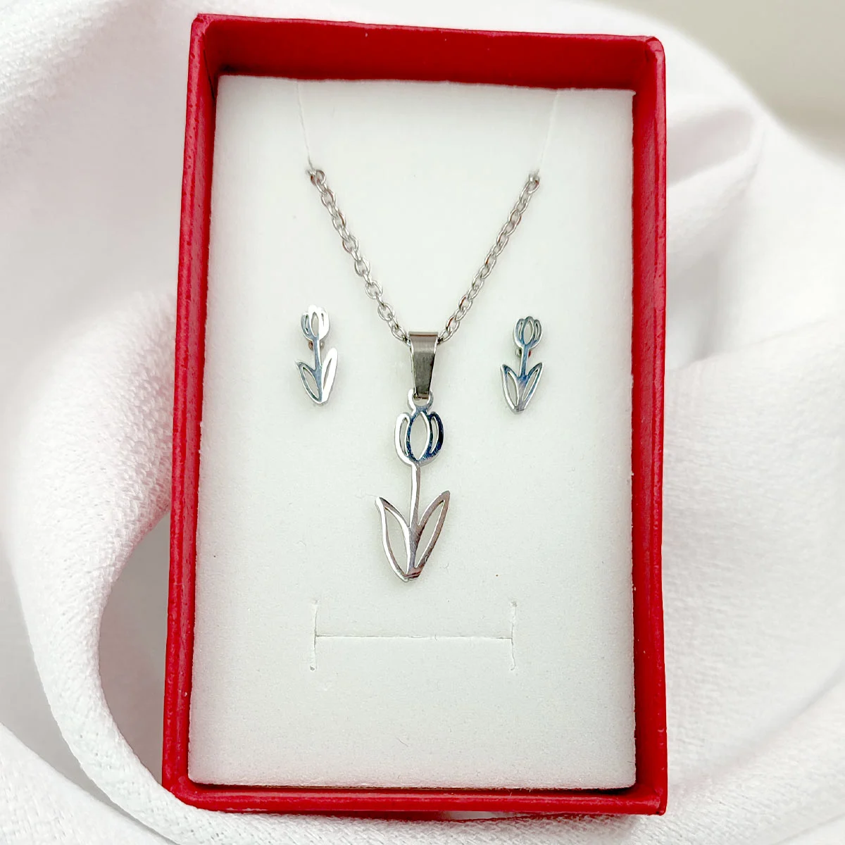 Set Joyeria Acero Plateado Bella Flor Romantica Tulipan