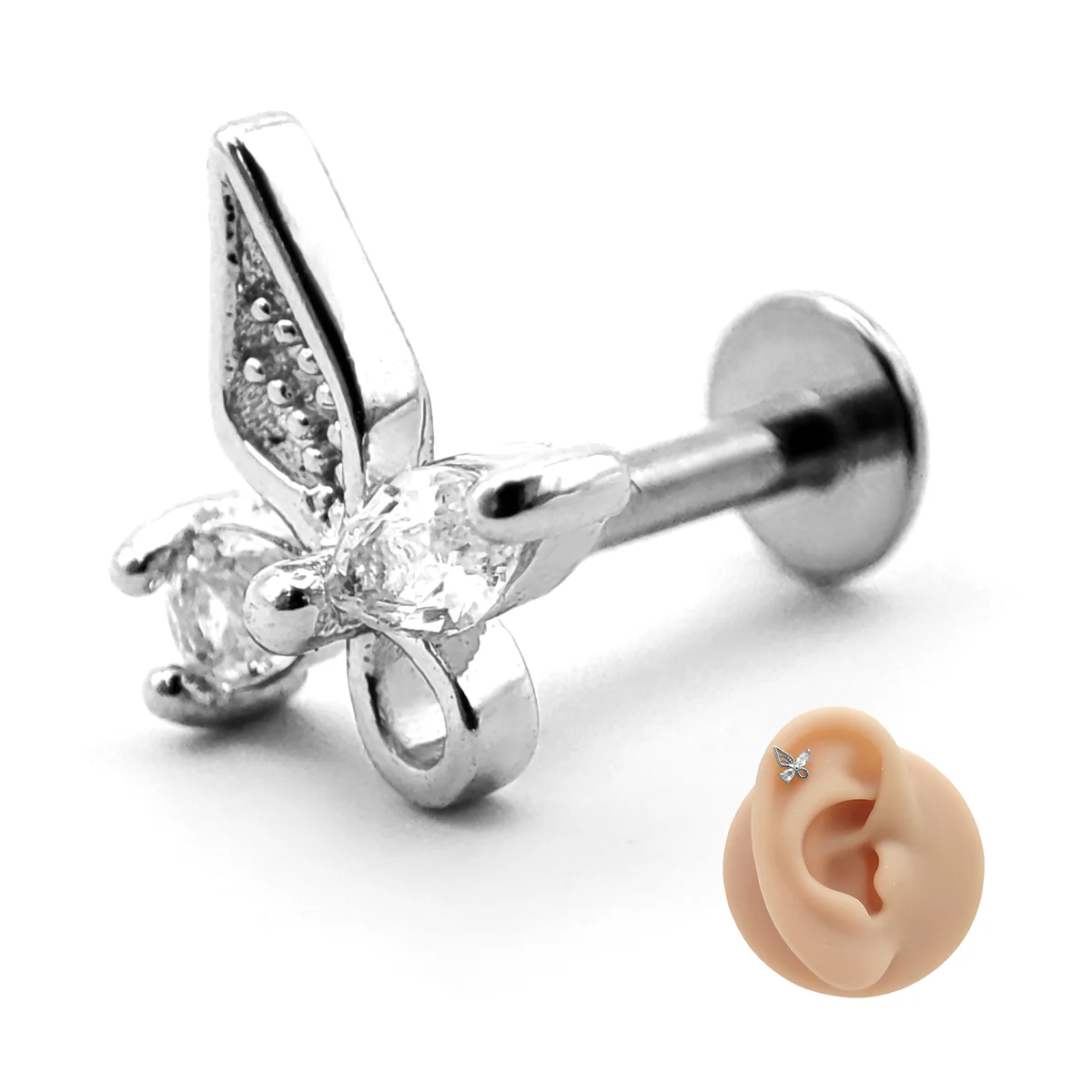 Piercing de Oreja Acero Mariposa Asimétrica Zirconia