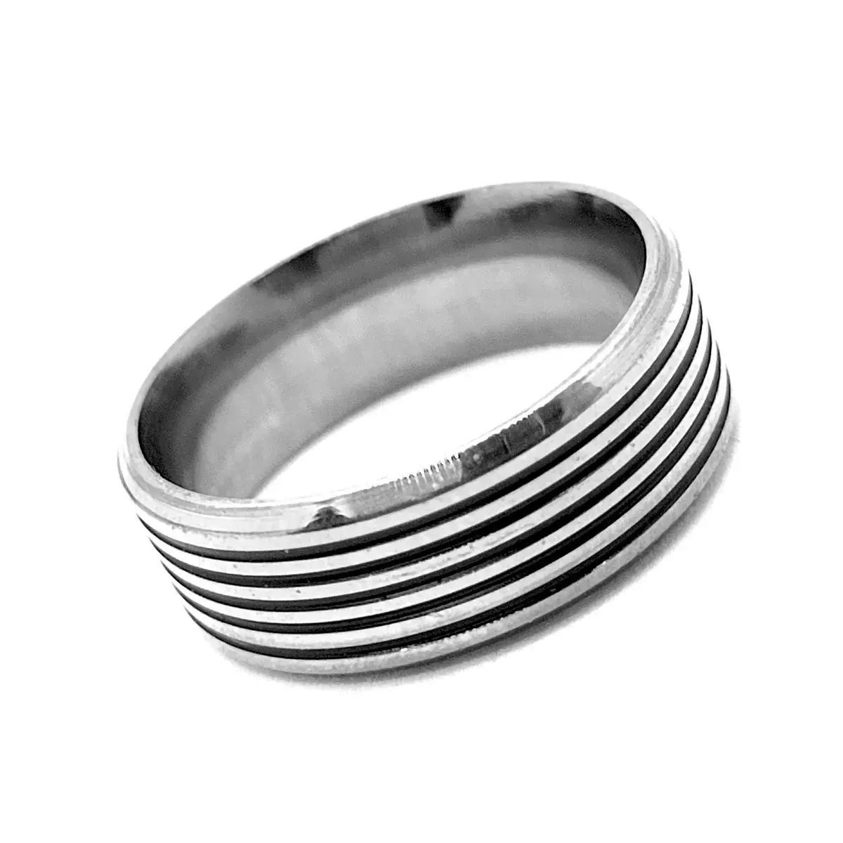 Anillo Acero Inox Plateado Líneas Esmalte Negro Moderno