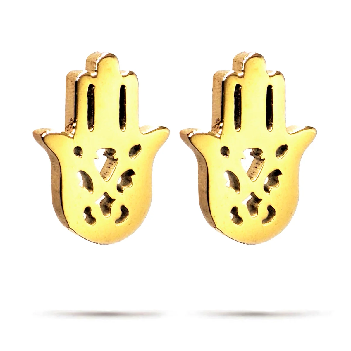 Aretes Acero Dorado Tipo Broquel Mano de Fatima