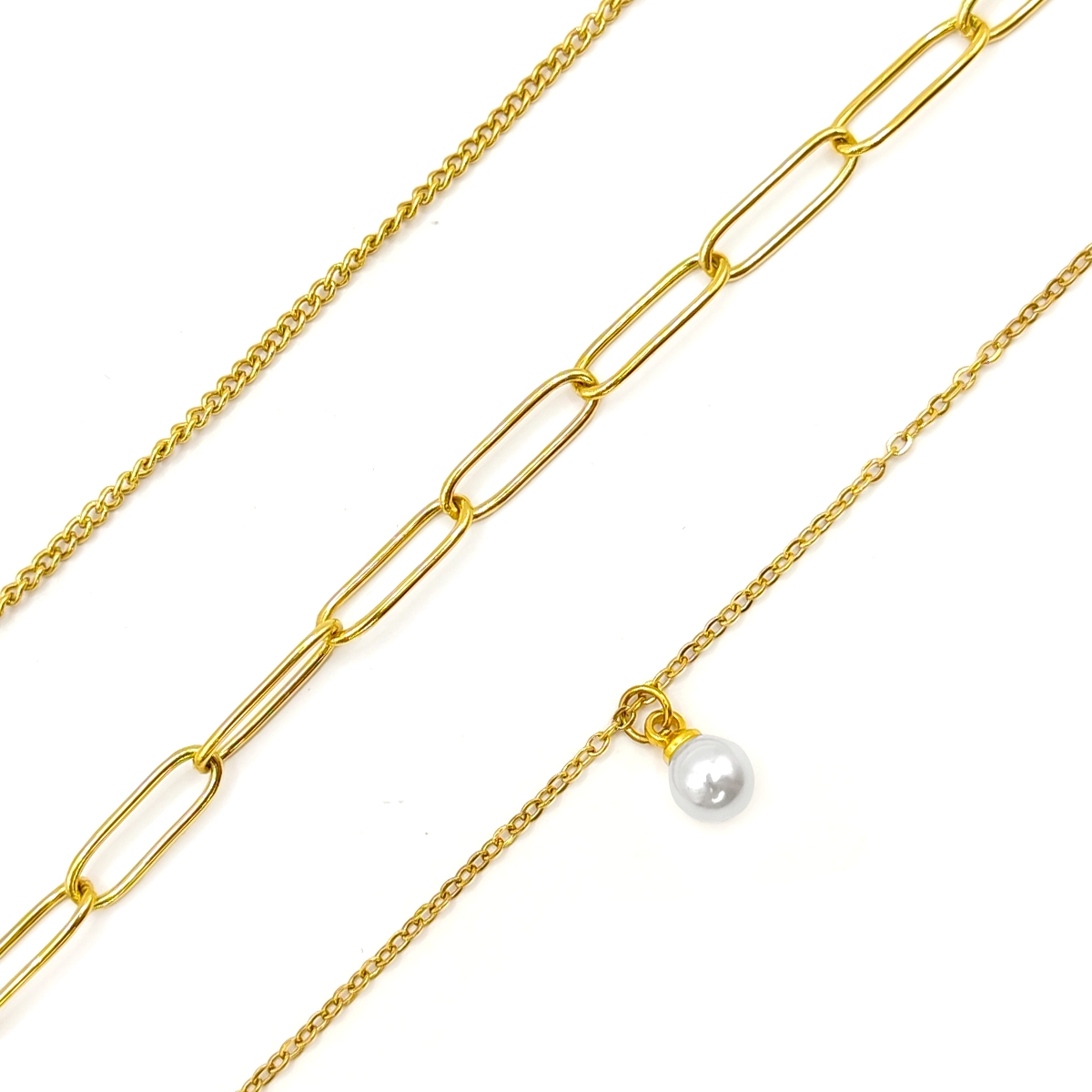 Collar Acero Triple Eslabon Oval Largo y Cubana Perla