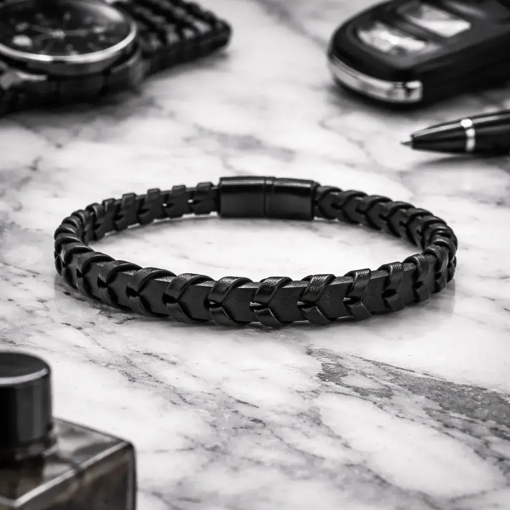 Pulsera Acero Negro Piel Lisa con Tejido Flecha