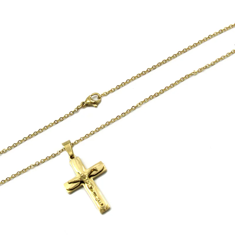 Collar Acero Inoxidable Dorado Cruz Doble Jesús Cristo