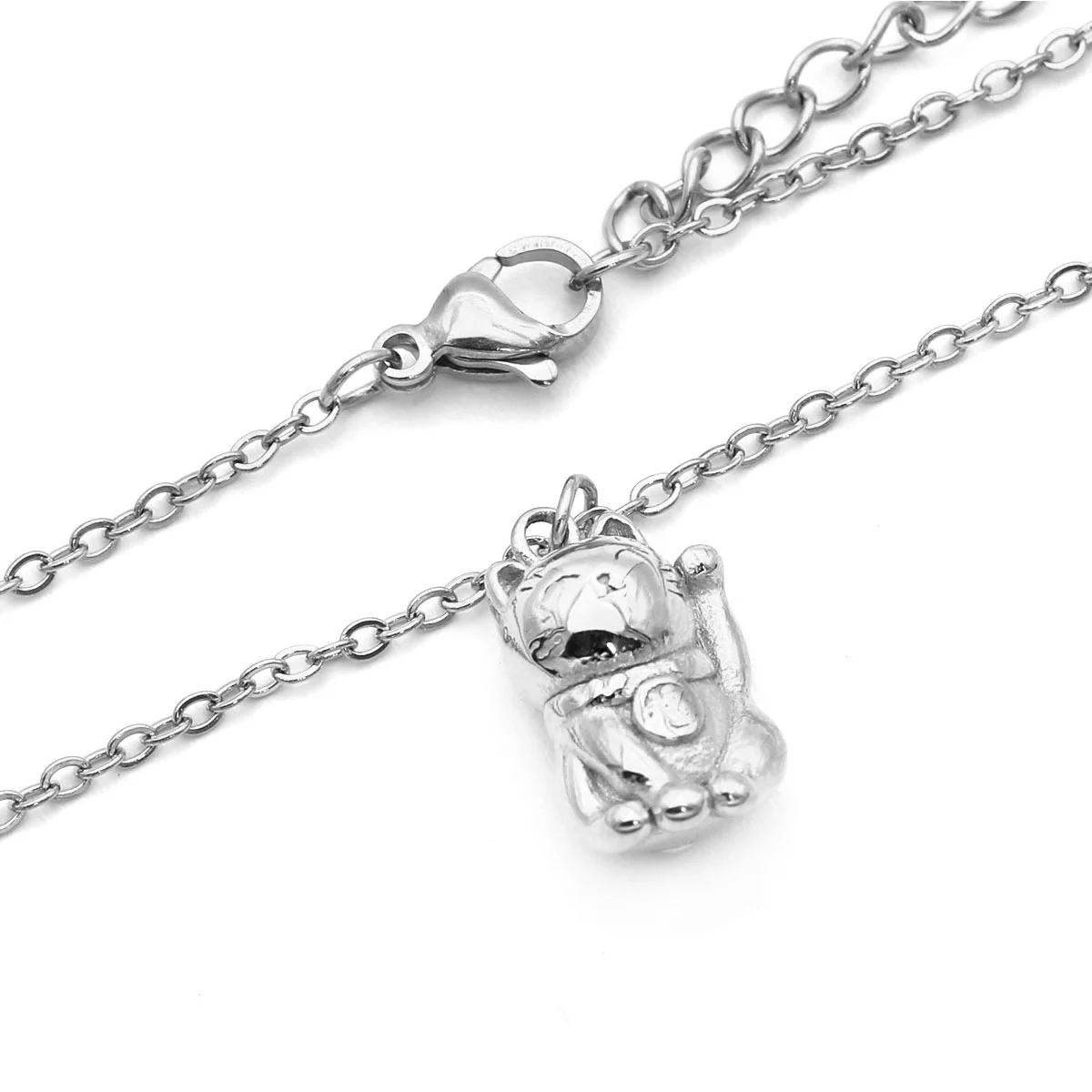 Collar Acero Plateado Gato Suerte Fortuna Maneki-neko