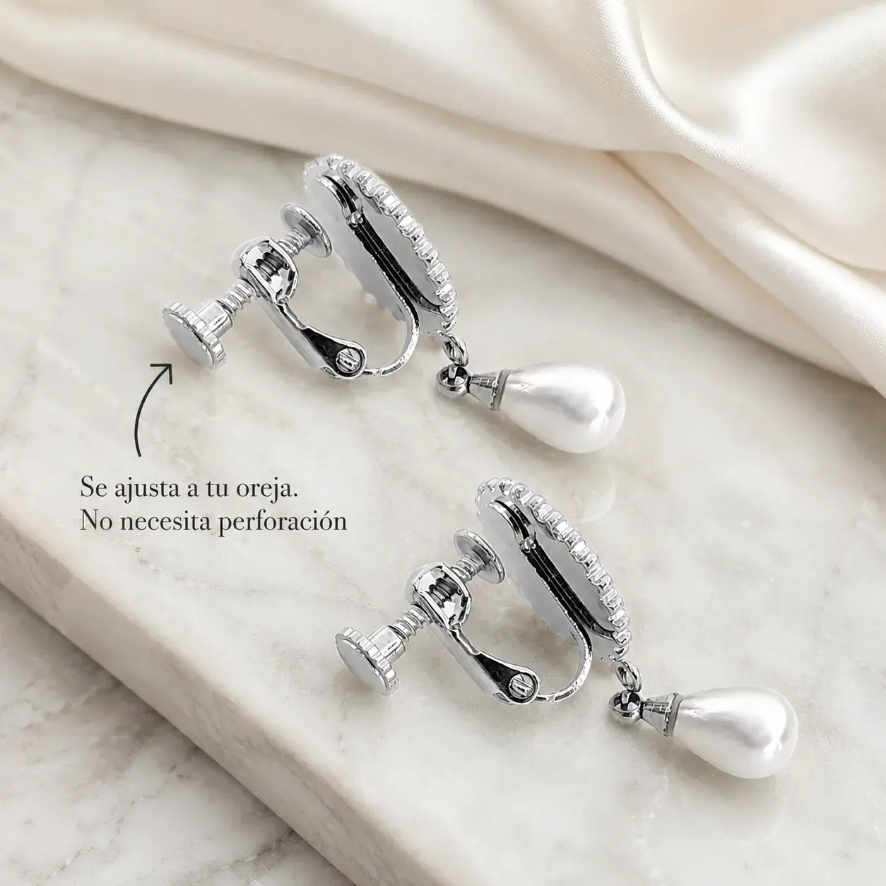 Aretes Acero Plateado de Clip Ajustable Perla Colgante