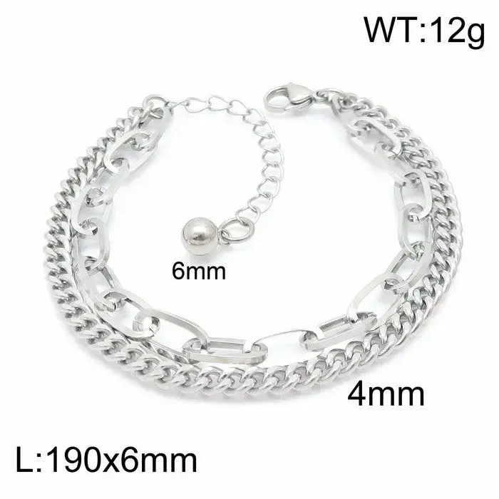Pulsera Acero Inox Plateado Doble Eslabon Oval y Cubana