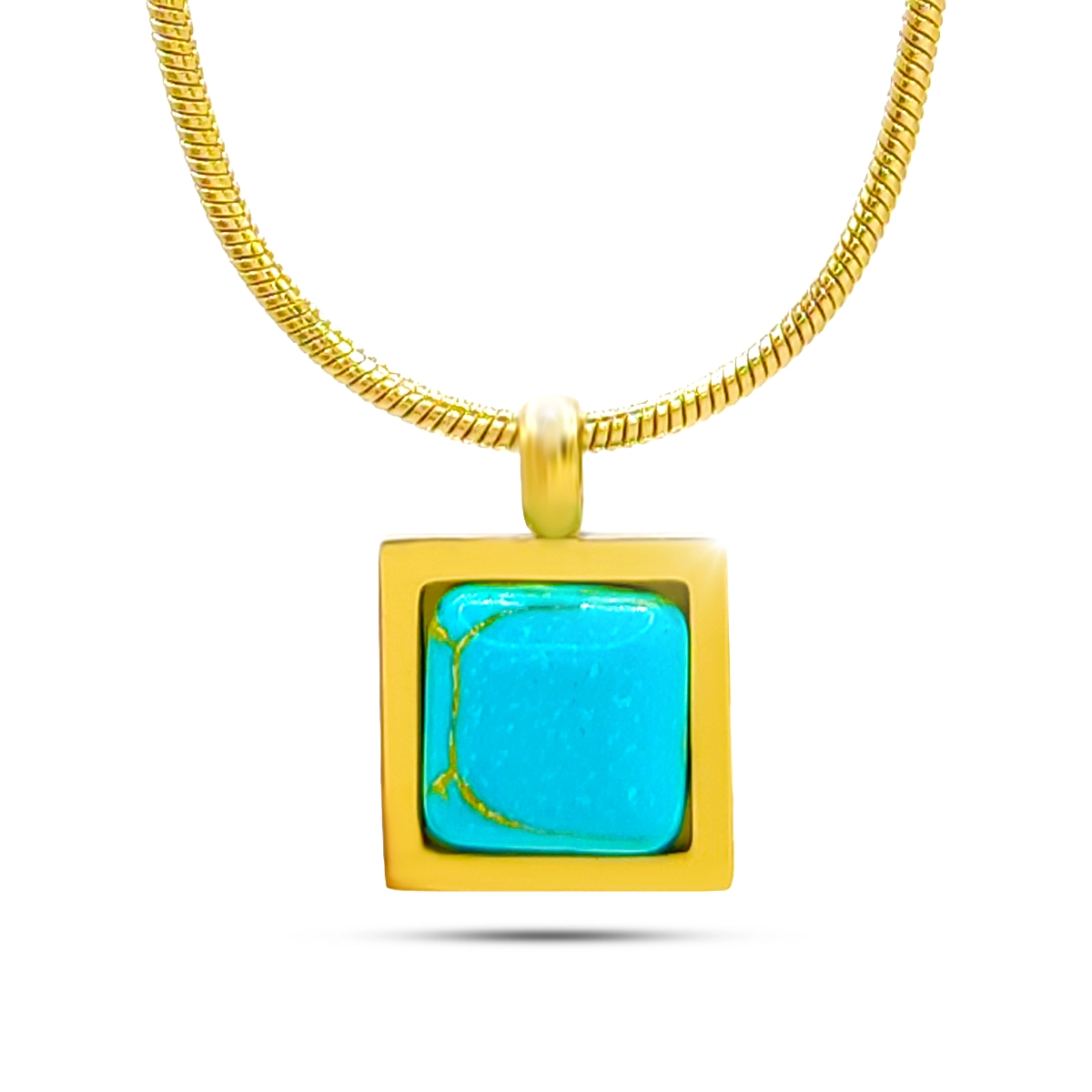 Collar Acero Dorado Cuadrado Piedra Turquesa Natural