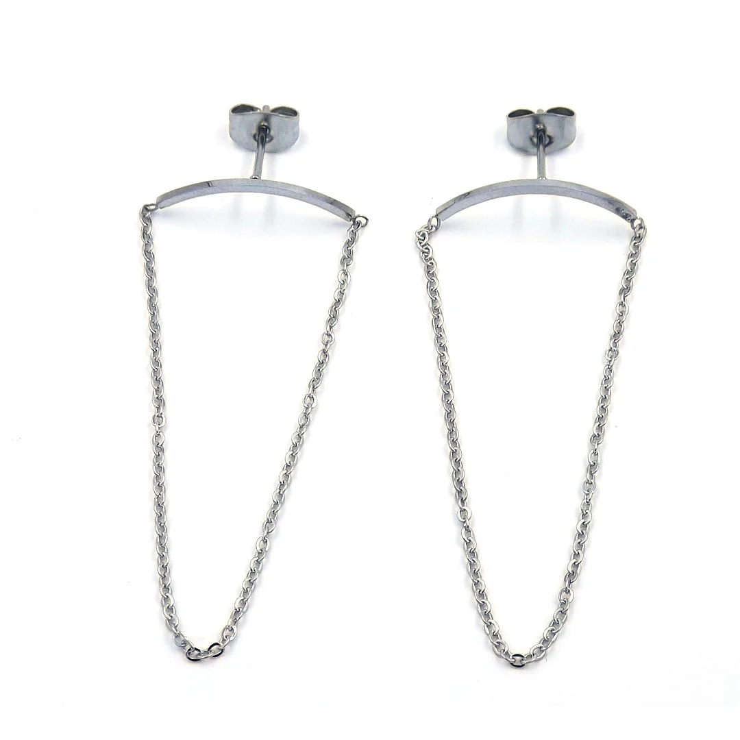 Aretes Largos de Acero Plateado Cadena Colgante