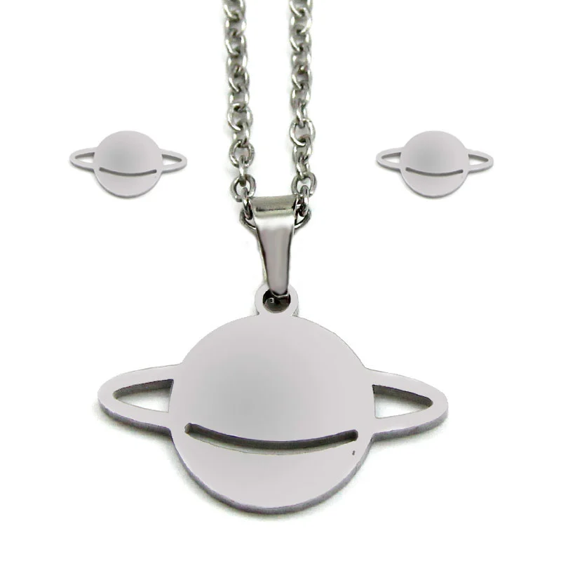 Set de Joyeria Acero Inoxidable Plateado Planeta Saturno