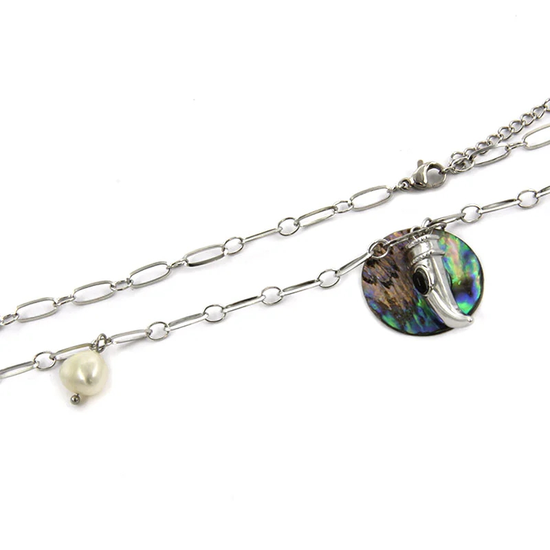 Collar Acero Inox Plateado Colmillo Abulon Perla Natural