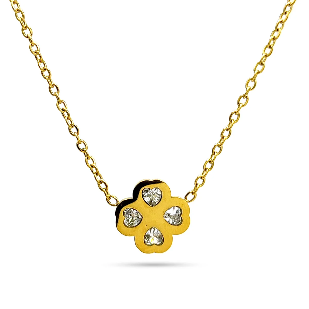 Collar Acero Inox Dorado Trebol 4 Hojas Corazon Zirconia