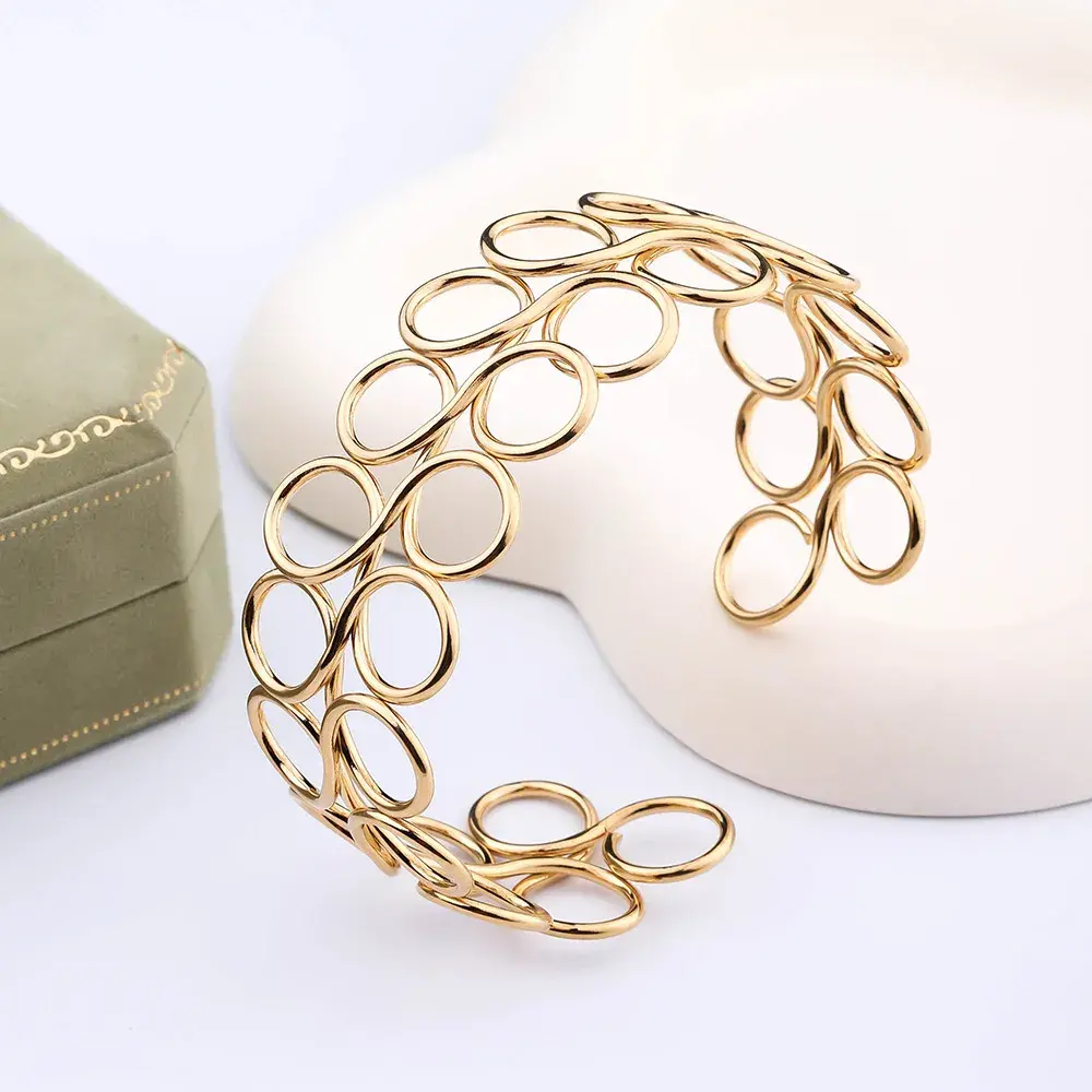 Pulsera Acero Dorado Brazalete Bucles Círculos Alambre