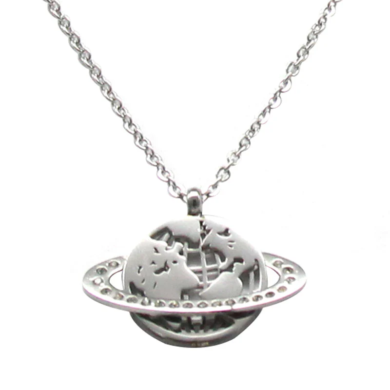 Collar Acero Inoxidable Plateado Saturno Anillo Cristales
