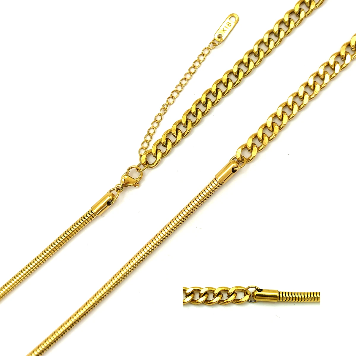 Cadena Acero Dorado Dividida Cola de Rata y Cubana