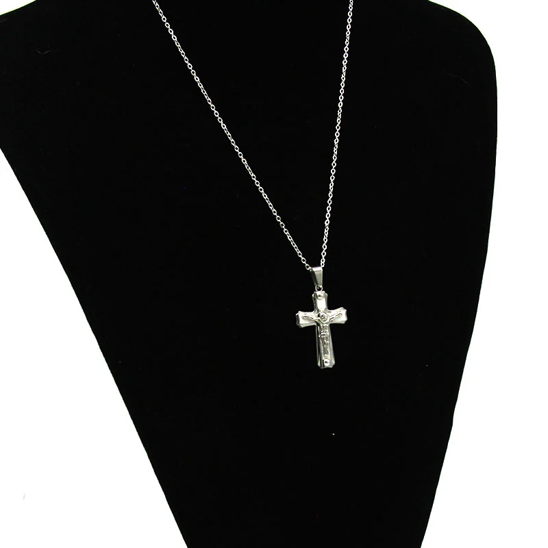 Collar Acero Inoxidable Plateado Cruz Doble Jesús Cristo