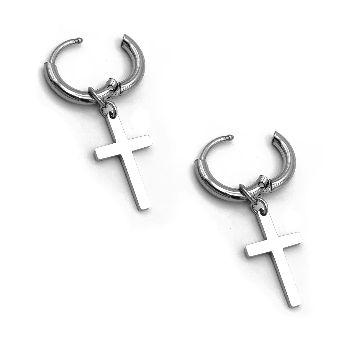 Aretes Acero Plateado Huggies Colgante Cruz Latina