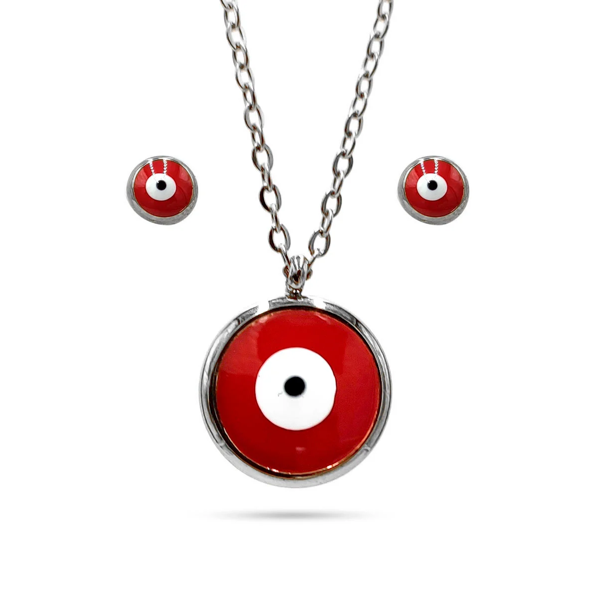 Set Joyeria Acero Inoxidable Plateado Ojo Turco Rojo