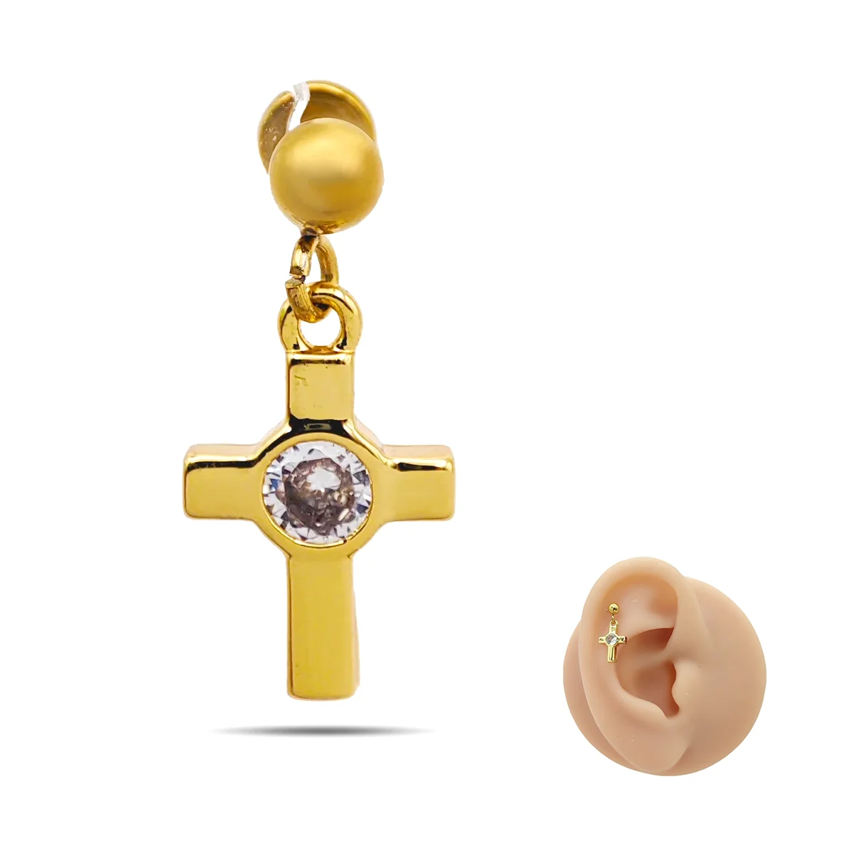 Piercing de Oreja Acero Bola lisa Colgante Cruz Cristal