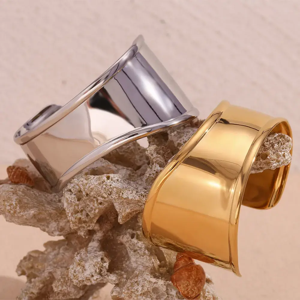 Pulsera Acero Brazalete Ancho Liso Ajustable Elegante