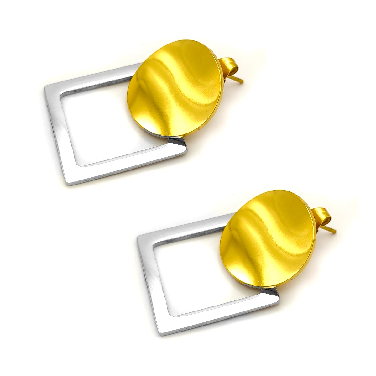 Aretes Acero Bicolor Circulo y Contorno Cuadro Elegante