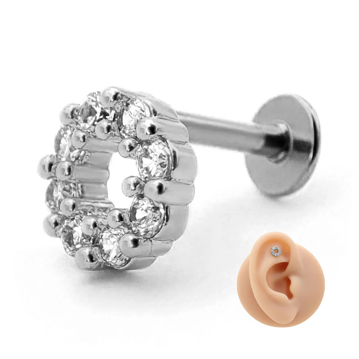 Piercing de Oreja Acero Circulo Hueco Contorno Cristales