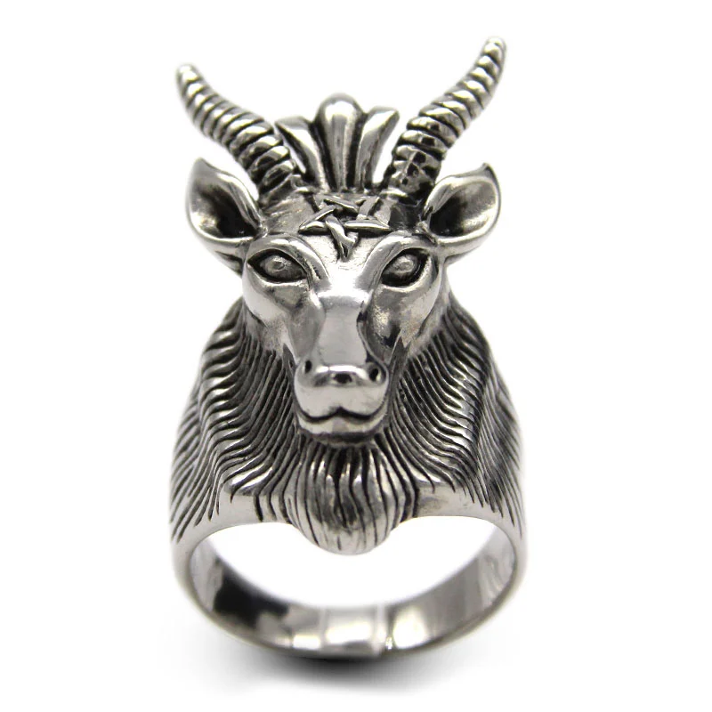 Anillo Acero Plata Cabeza Cabra Pentáculo Carnero Diablo