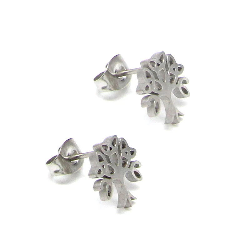 Aretes Tipo Broquel Acero Inox Plateado Árbol de la Vida
