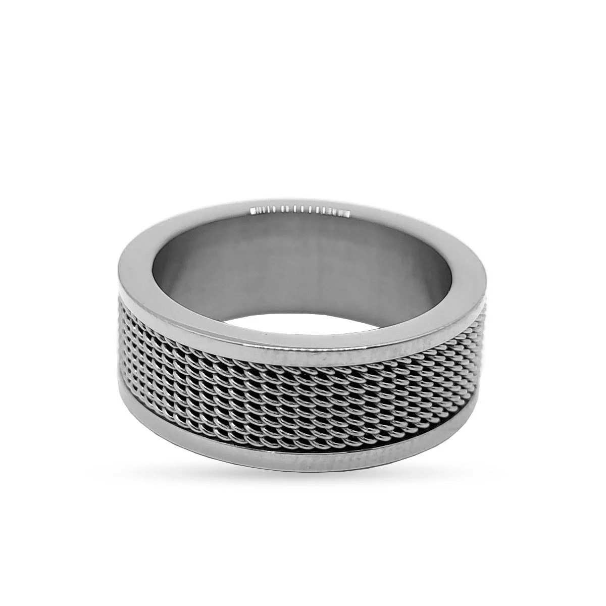 Anillo Acero Plateado Malla Biselado Tejido Hombre Lujo