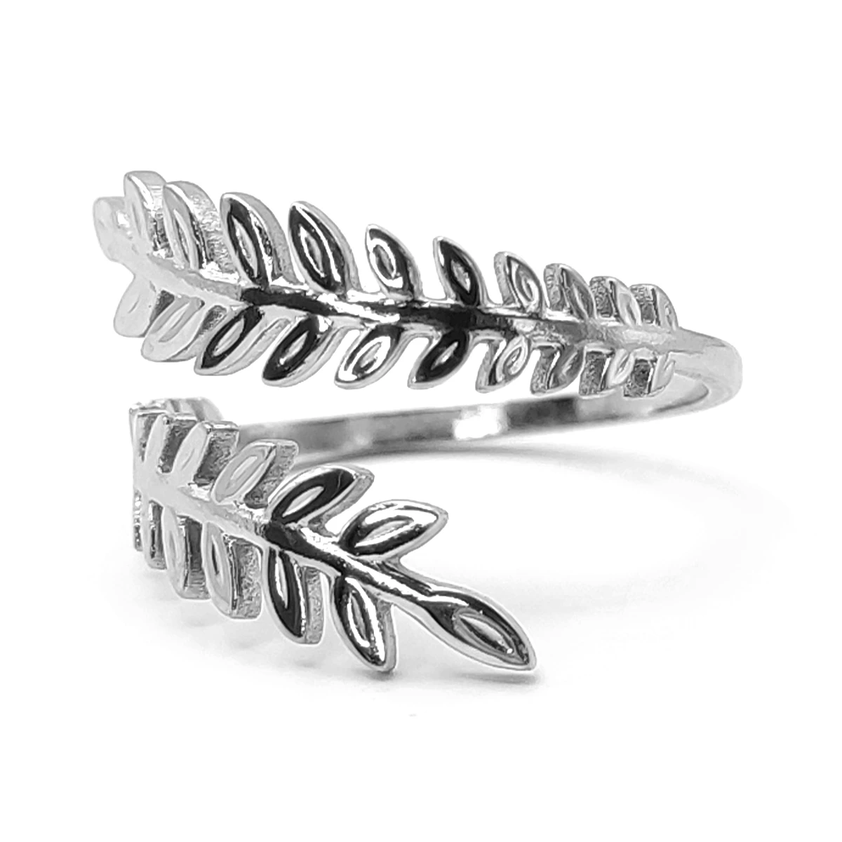Anillo Acero Plateado Ajustable Doble Espiga Hojas