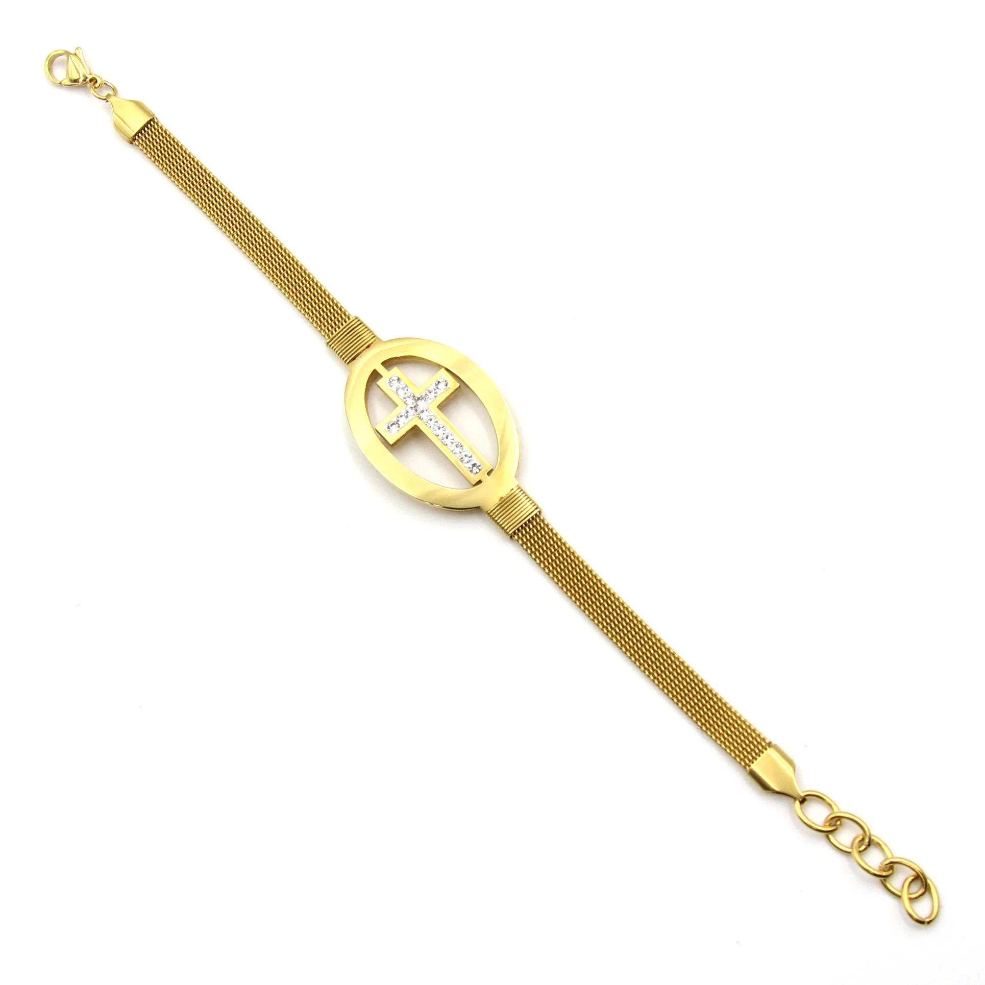 Pulsera Acero Dorado Cruz Religiosa Plana Zirconia Clara