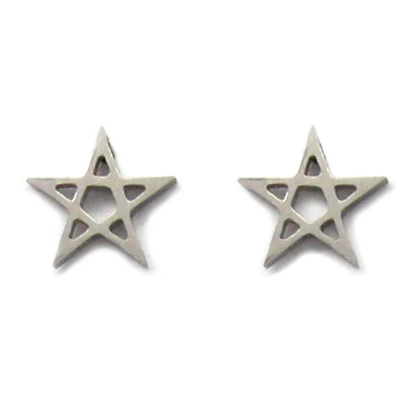 Aretes Tipo Broquel Acero Inox Plateado Estrella 5 Picos