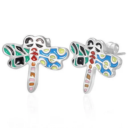 Aretes de Acero Diseño Libélula Colorida
