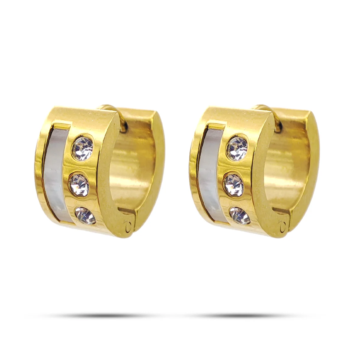 Aretes Acero Inox Dorado Huggies Madre Perla Cristales