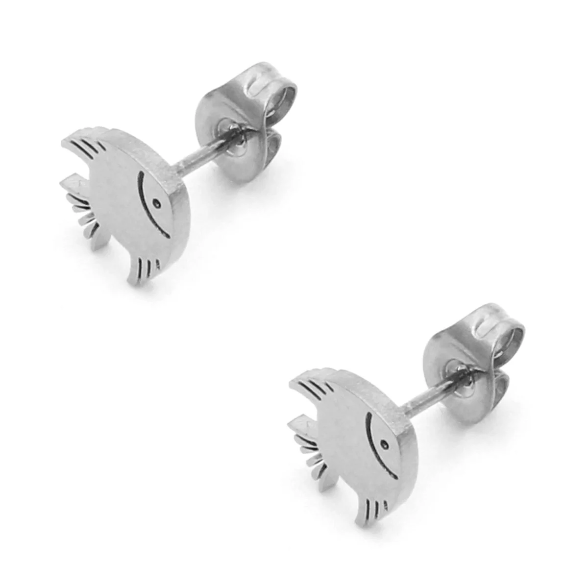 Aretes Acero Plateado Tipo Broquel Pez Dorado Pescado