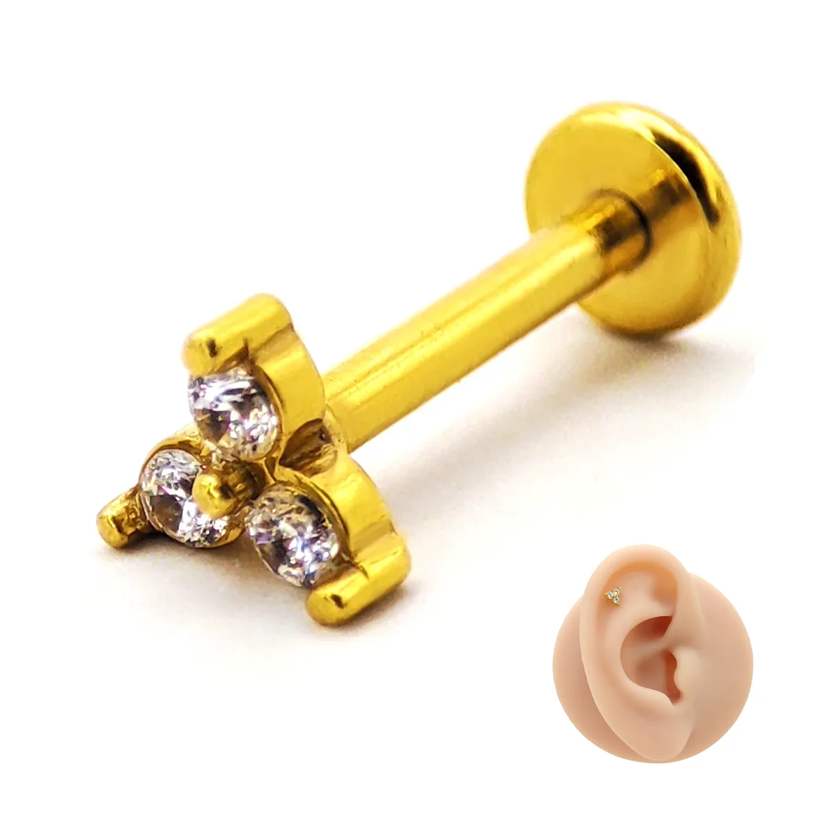 Piercing de Oreja Acero Triangulo Tres Zirconias Claras