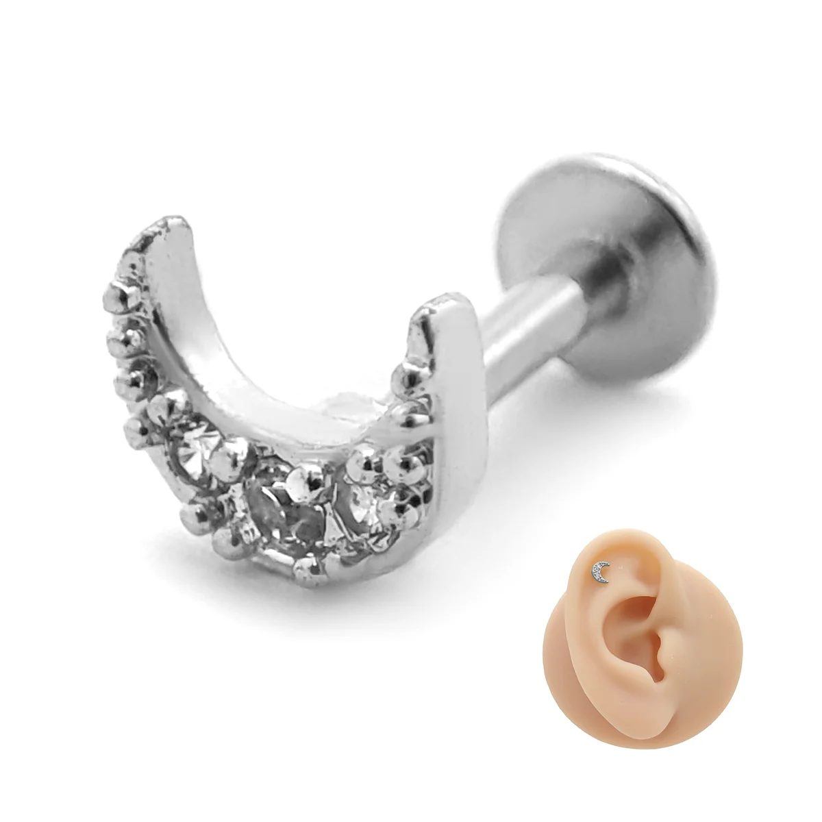 Piercing de Oreja Acero Mini Luna Creciente Cristales