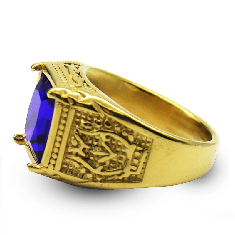 Anillo Hombre Acero Inoxidable Dorado Zirconia Azul