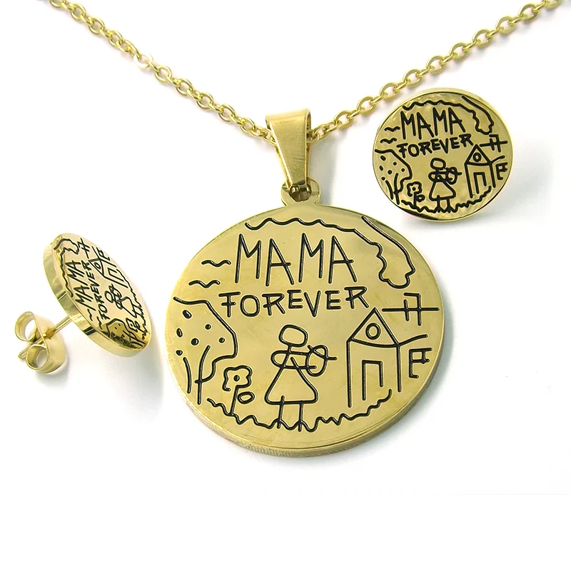 Set Joyería Acero Dorado Cadena Dije Aretes Mamá Forever