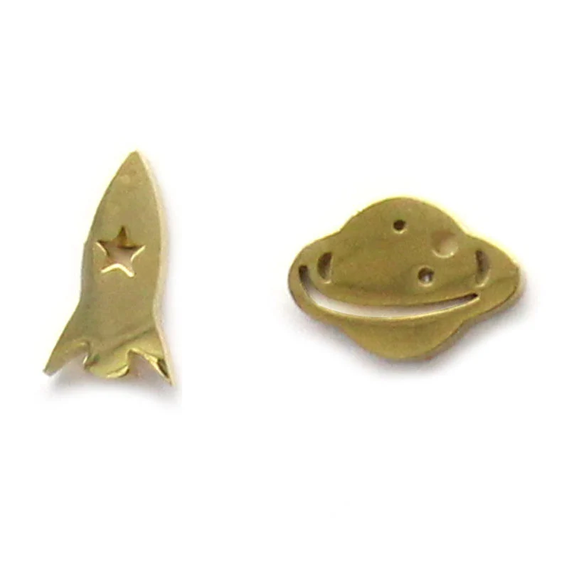 Aretes Tipo Broquel Acero Dorado Saturno Cohete Espacial
