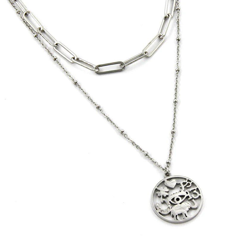 Collar Acero Plateado Largo Corbatero Amuletos de Suerte