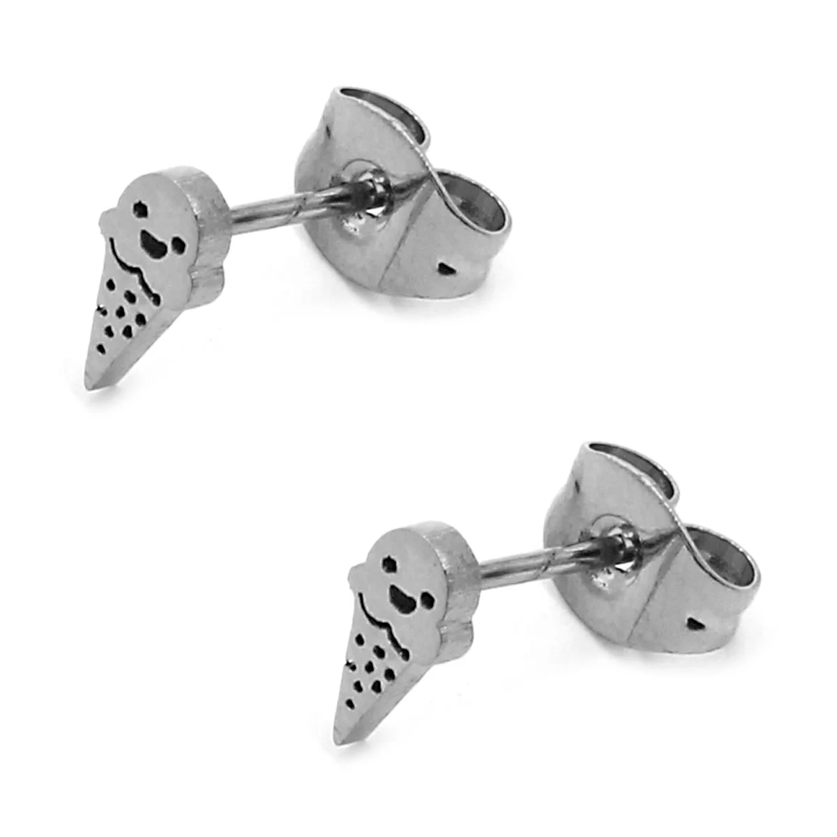 Aretes Acero Inox Plateado Tipo Broquel Cono de Nieve