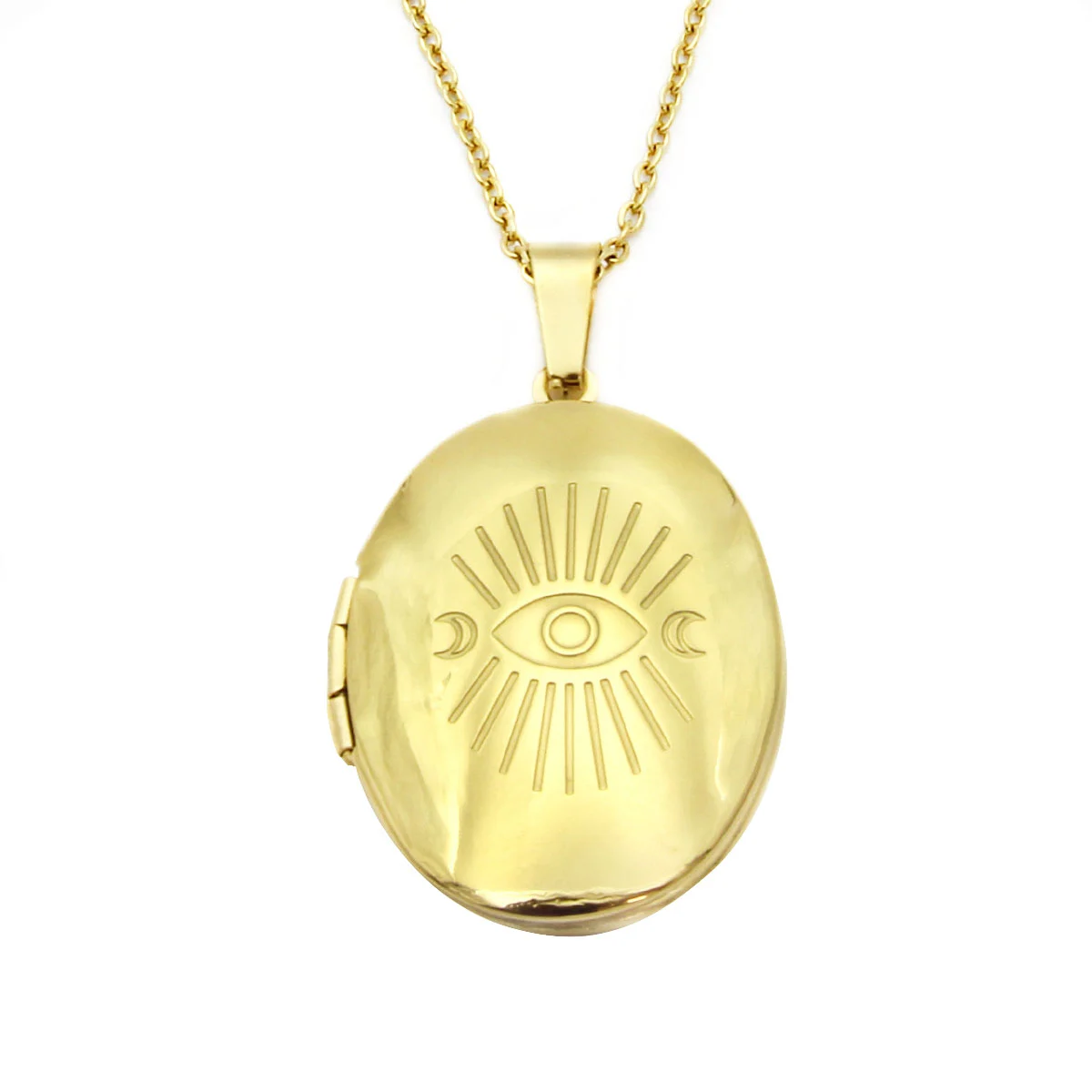 Collar Acero Dorado Relicario Ojo Talisman Seguridad 30mm