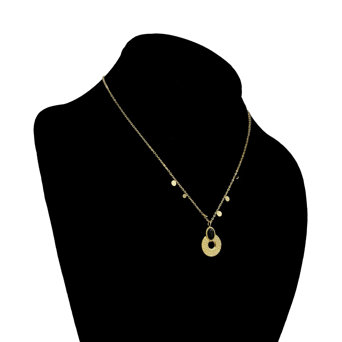 Collar Acero Dorado Piedra Negra Oval Cadena Circulos