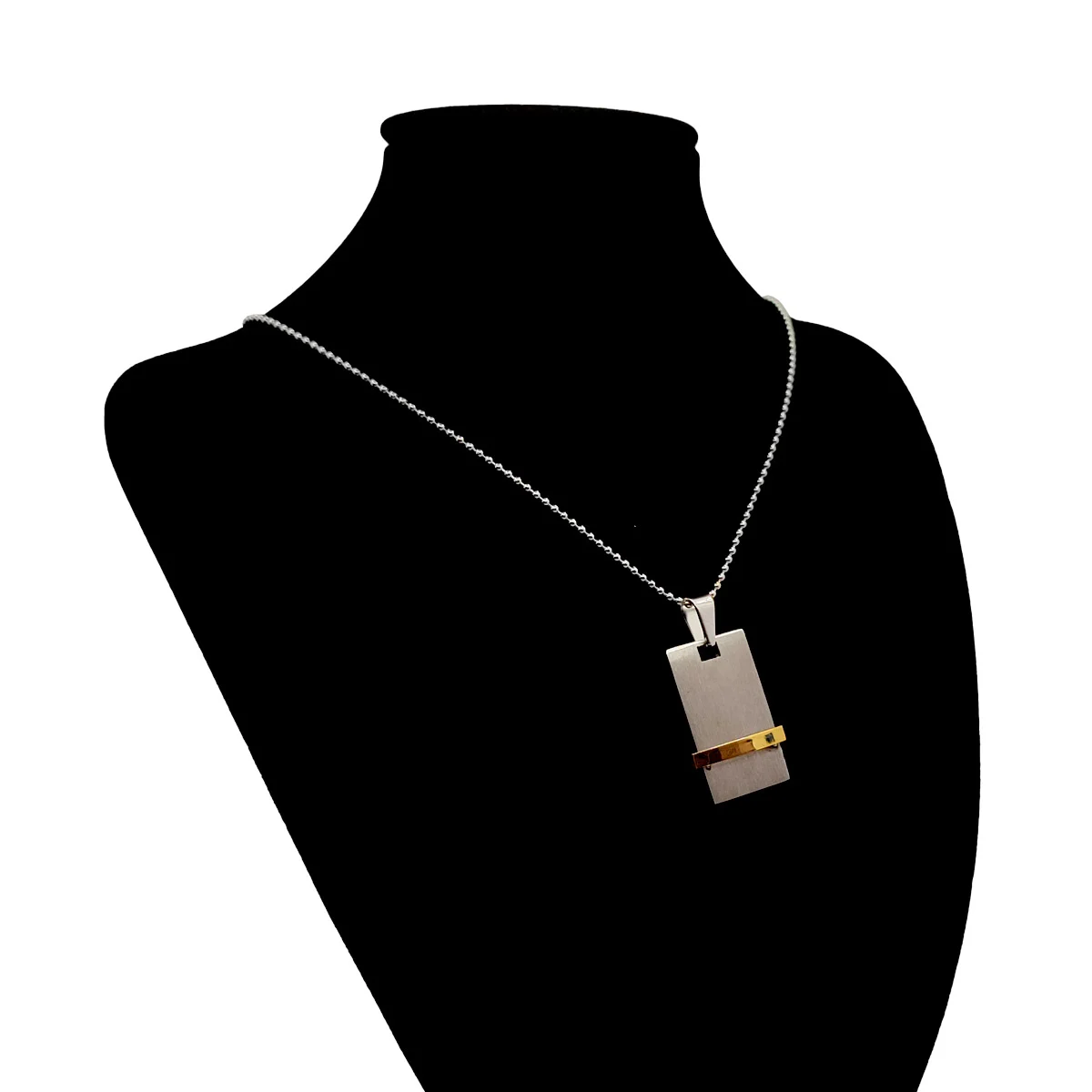 Collar Acero Plateado Placa Linea Dorada Zirconia Clásico