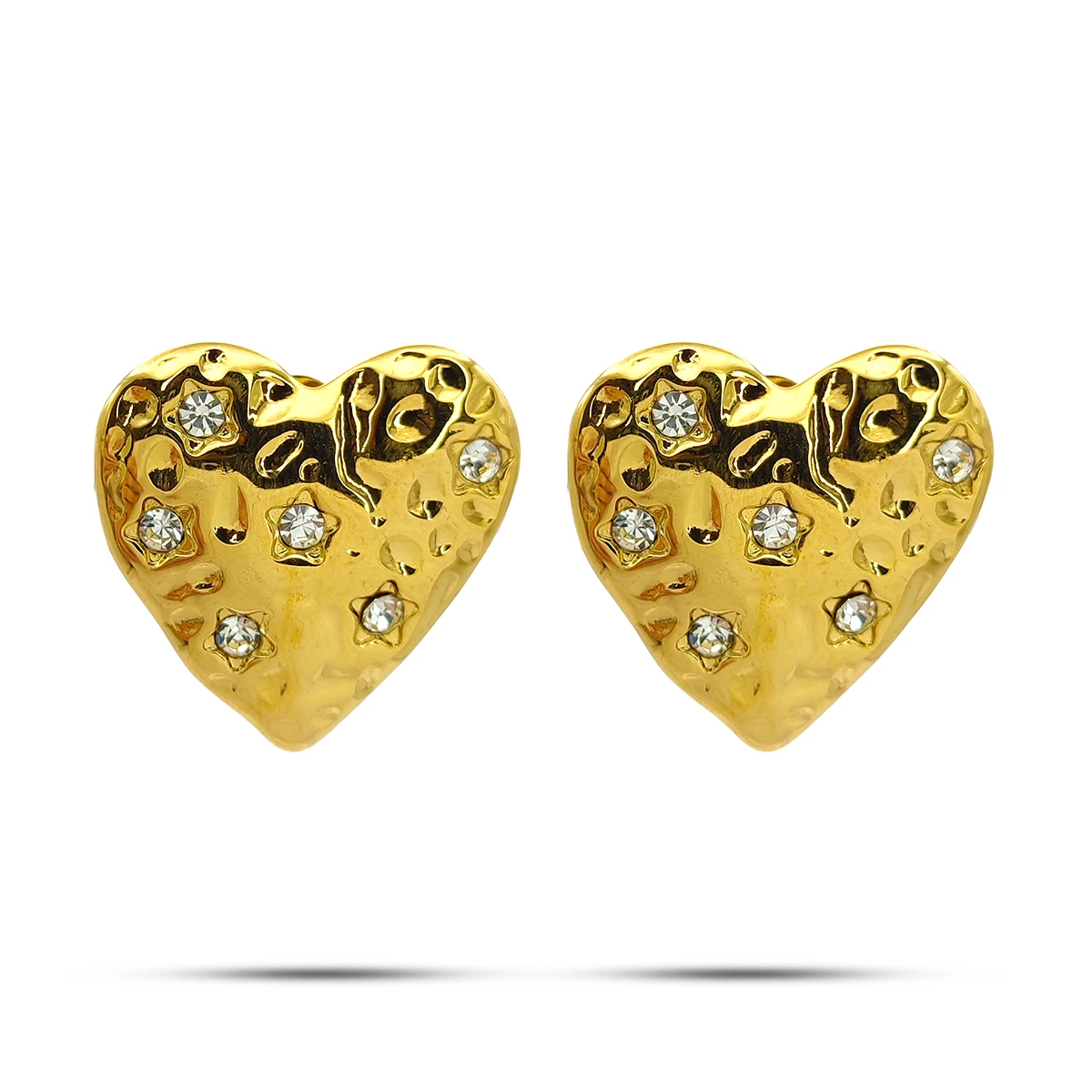 Aretes Acero Inox Dorado Corazón Martillado Cristales
