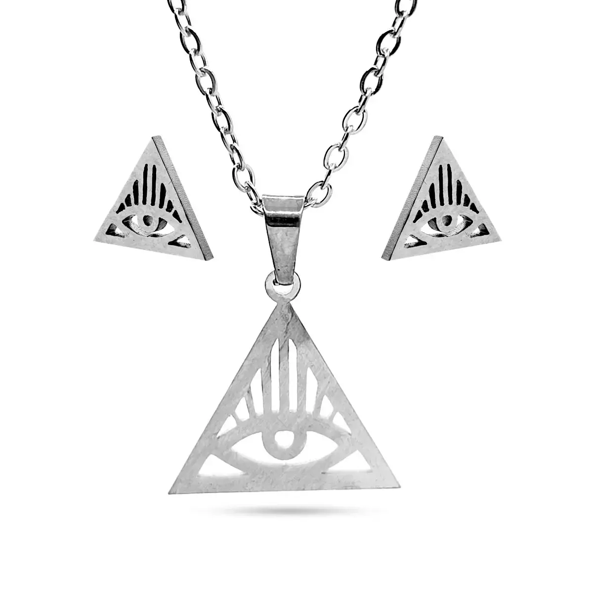 Set Joyería Acero Plateado Triangulo Ojo de Providencia
